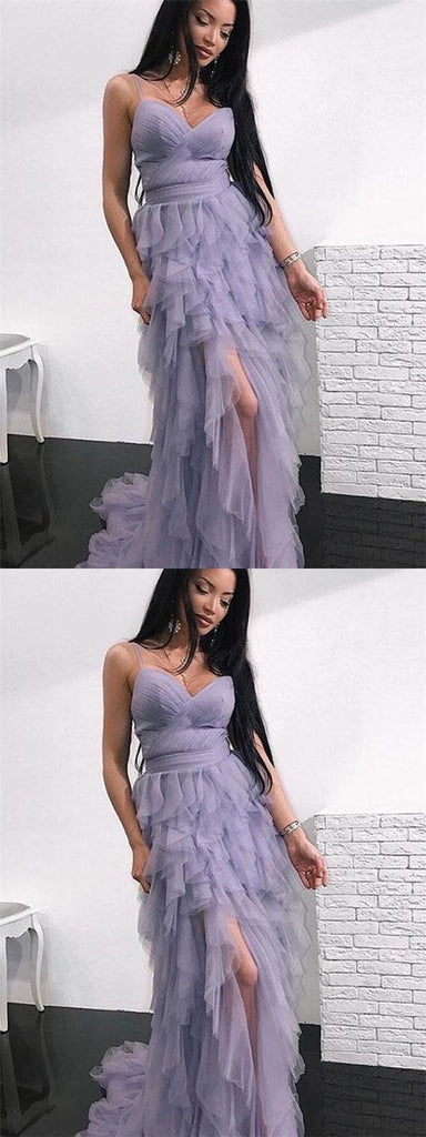 Spaghetti Hi-low Dusty Purple Prom Dresses, Unique Long Prom Dresses, BG0446