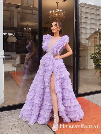 Pretty Charming Cute Deep V-neck Sleeveless Side Slit Lilac Tulle A-line Long Cheap Prom Dresses, TYP0089