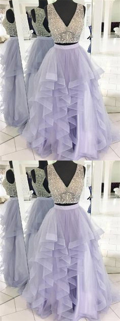 2 Pieces Prom Dresses, Beaded Prom Dresses, Lilac Prom Dresses, Long Prom Dresses, BG0393