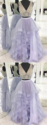 2 Pieces Prom Dresses, Beaded Prom Dresses, Lilac Prom Dresses, Long Prom Dresses, BG0393