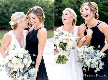 Simple Halter Strap Black Chiffon A-line Long Cheap Bridesmaid Dresses, BDS0084
