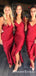 Simple Charming Red V Neck Sleeveless Side Slit Satin Long Cheap Bridesmaid Dresses, TYP0071