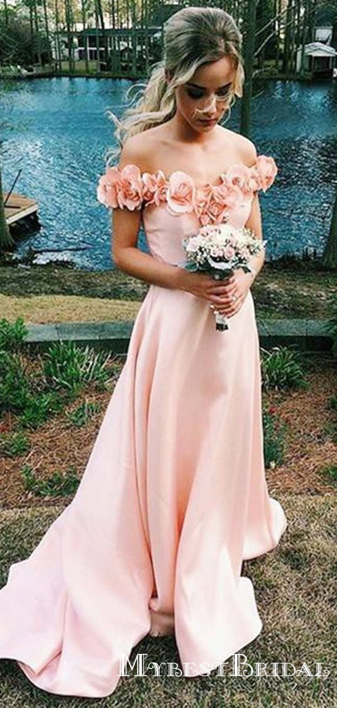 Charming Elegant Blush Pink Off Shoulder A-line Long Cheap Bridesmaid Dresses, TYP0080