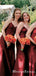 Charming Spaghetti Strap Red Satin Mermaid Long Cheap Wedding Bridal Bridesmaid Dresses, BDS0015