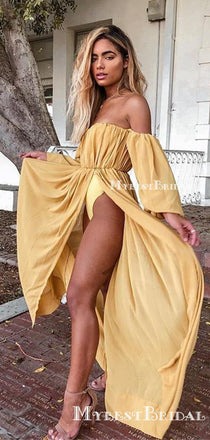 Sexy Simple Off-The-Shoulder Long Sleeves Chiffon Long High Side Slit Cheap Charming Prom Dresses, PDS0008