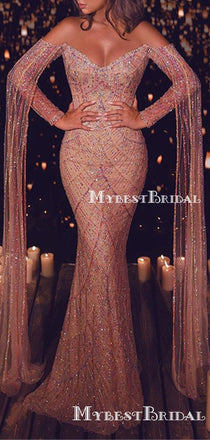 Gegorus Sparkly Sequin Off-The-Shoulder Long Sleeves Mermaid Long Cheap Elegant Prom Dresses, TYP0138