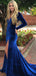 Long Sleeves V-neck Royal Blue Long Velvet Prom Dresses, Simple Prom Dresses, BG0441