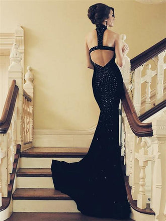 Halter Black Prom Dresses, Rhinestone Mermaid Prom Dresses, Cheap Prom Dresses, BG0421