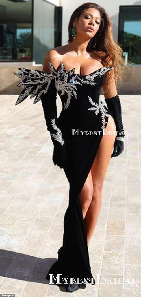 Sexy One Shoulder Long Sleeves Black Sexy High Side Slit Mermaid Long Cheap Beaded Prom Dresses, PDS0064