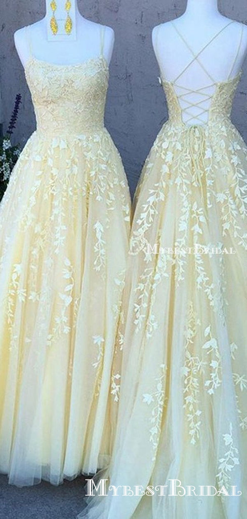 Youthful Yellow Tulle Lace Appliques Spaghetti Strap Long Prom Dress Formal Party Gowns Prom Dresses, PDS0057