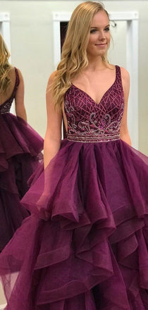 V-neck Beaded Long Prom Dresses, Popular Ball Gown, Prom Dresses, BG0447