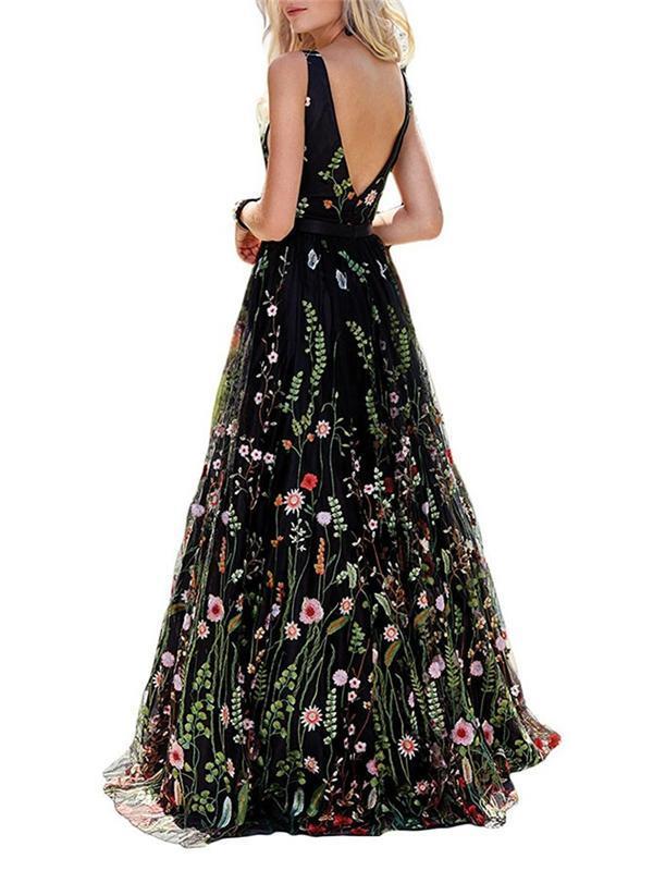 Floral Prom Dresses, A-line Prom Dresses, V-neck Prom Dresses, Long Prom Dresses,BG0415