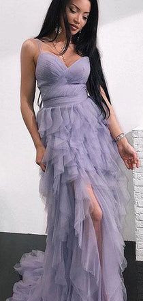 Spaghetti Hi-low Dusty Purple Prom Dresses, Unique Long Prom Dresses, BG0446