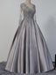 Long Sleeves Prom Dresses, Grey Prom Dresses, Satin Prom Dresses, Beaded Prom Dresses, BG0431