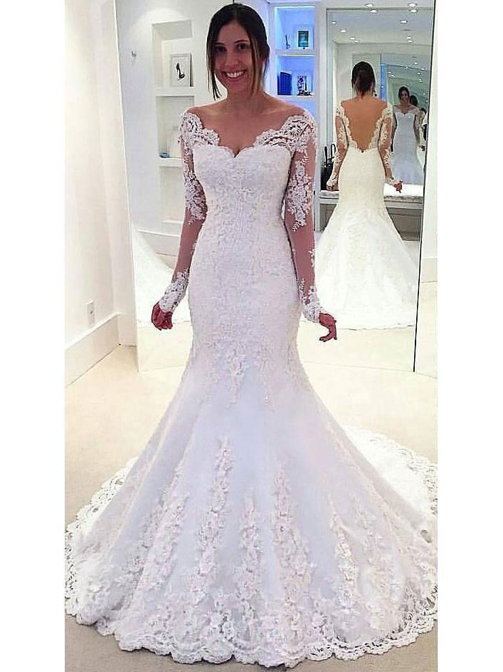 Long Sleeve Off Shoulder Mermaid Lace Custom Wedding Dresses Online, WDY0218