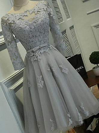 Long Sleeves Grey Lace Short Cheap Homecoming Dresses Online, BDY0282