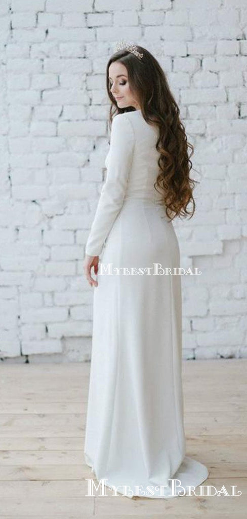 Charming Elegant Bateau Long Sleevees Sheath Wedding Dresses With Appliqued Waist, TYP0095