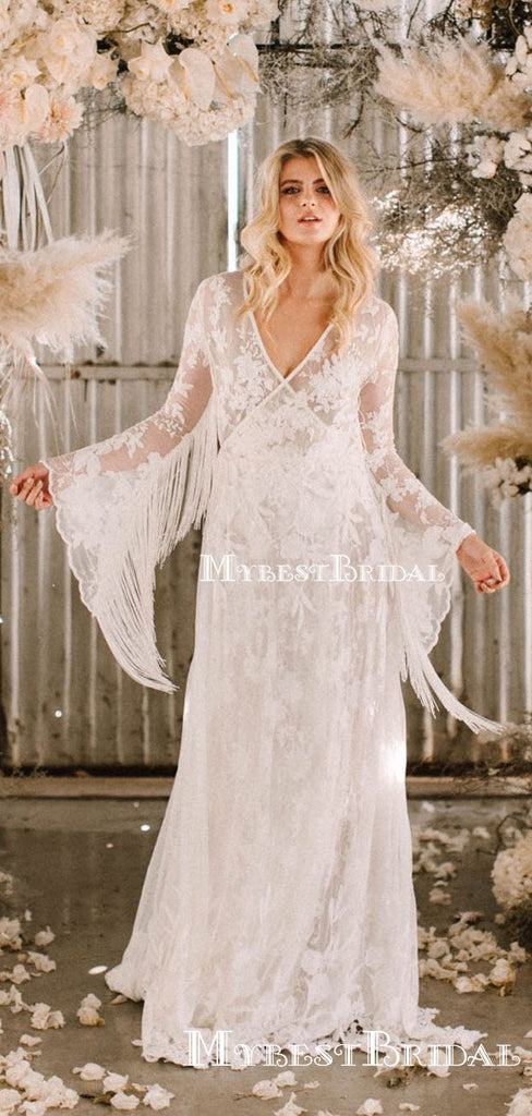 Charming Elegant New Arrival V-neck Long Sleeves Long Cheap A-line Lace Wedding Dresses, TYP0091