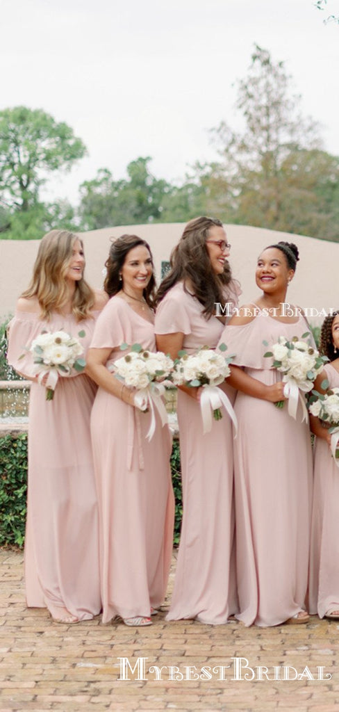 Mismatched Charming Simple Pink Chiffon A-line Long Cheap Floor-Length Bridesmaid Dresses, BDS0031