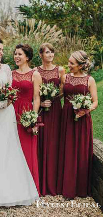 Scoop Burgundy Chiffon A-line Long Cheap Bridesmaid Dresses, BDS0092