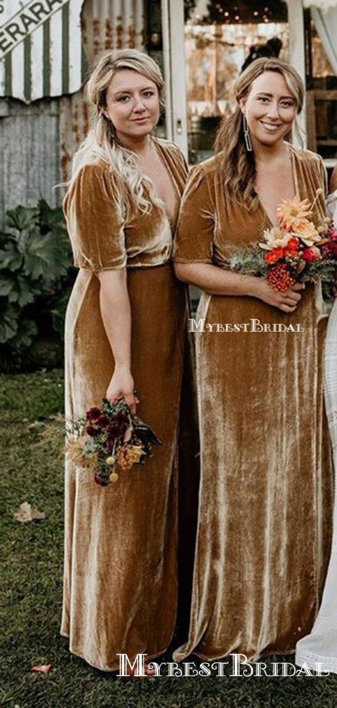 Charming V-neck Short Sleeves Brown Velvet Long Cheap Bridesmaid Dresses, BDS0024