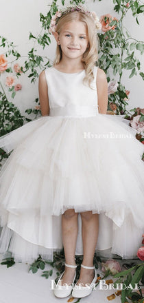Pouplar Round Neck Ivory Tulle High Low A-line Long Cheap Flower Girl Dresses, FGS0008