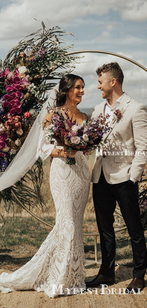 Romantic Spaghetti Straps V-neck Lace Mermaid Long Cheap Wedding Dresses, WDS0012