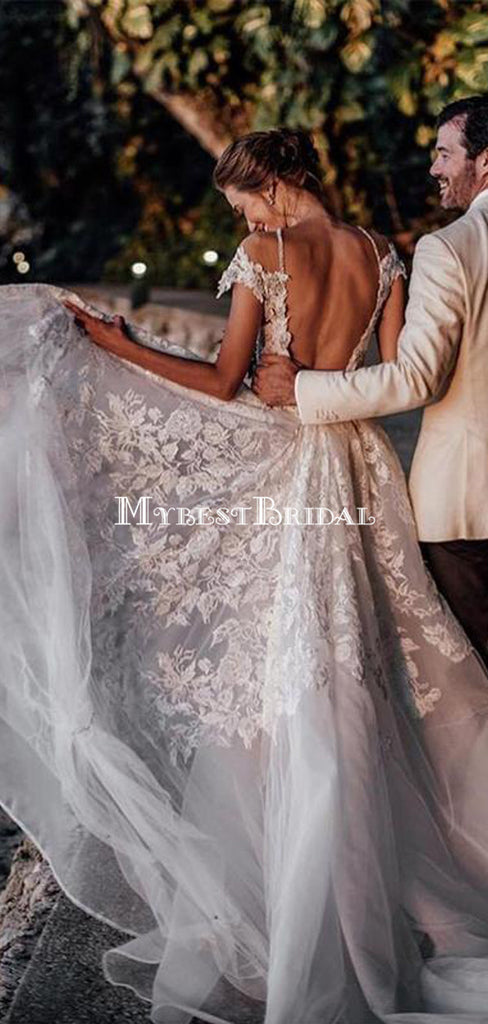 Cap Sleeve Illusion V-neck Lace Appliqued Tulle A-line Long Cheap Wedding Dresses, WDS0041