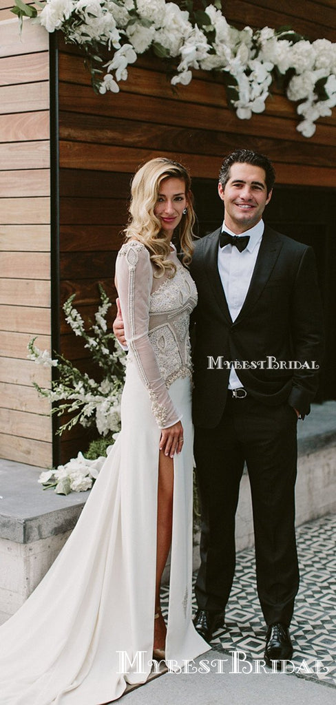 Long Sleeves Round Neck Ivory Side Slit Lace Appliqued Mermaid Long Cheap Wedding Dresses, WDS0003