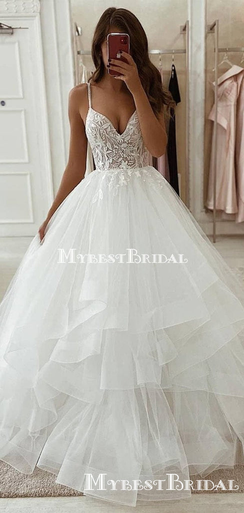 V-neck Off-White Organza Lace Applique A-line Long Cheap Wedding Dresses, WDS0026