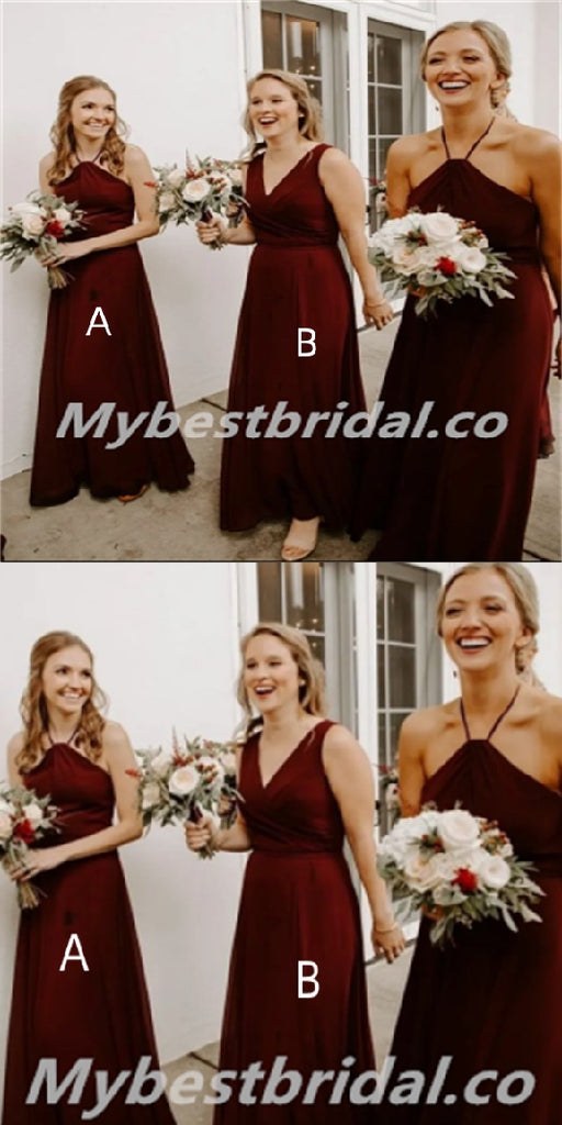 Mismatched Burgundy V-neck Halter A-line Long Bridesmaid Dresses,BDS0184
