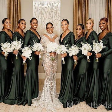 V-neck Long sleeves Mermaid Elegant Simple Pretty Long Bridesmaid Dresses, BDS0245