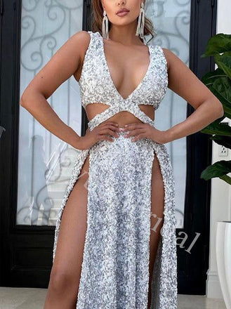 Sexy V-neck Sleeveless Side slit Mermaid Prom Dresses,PDS0746