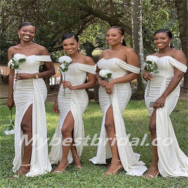 Off-shoulder Mermaid Pleats Side slit Elegant Simple Long Bridesmaid Dresses,BDS0202