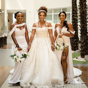 Mismatched Off-shoulder Side slit Mermaid Elegant Simple Pretty Long Bridesmaid Dresses, BDS0249