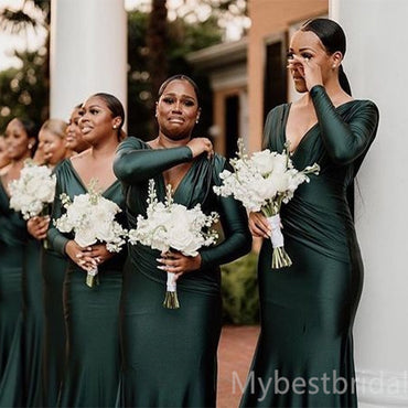V-neck Long sleeves Mermaid Elegant Simple Pretty Long Bridesmaid Dresses, BDS0245