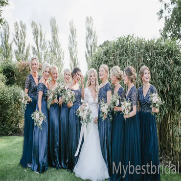 V-neck Beading Elegant A-line Simple Pretty Long Bridesmaid Dresses,BDS0218