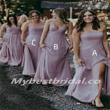Mismatched Spaghetti straps V-neck Side slit  A-line Elegant Simple Long Bridesmaid Dresses,BDS0206