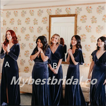 Mismatched V-neck side slit A-line Elegant Simple Long Bridesmaid Dresses,BDS0188