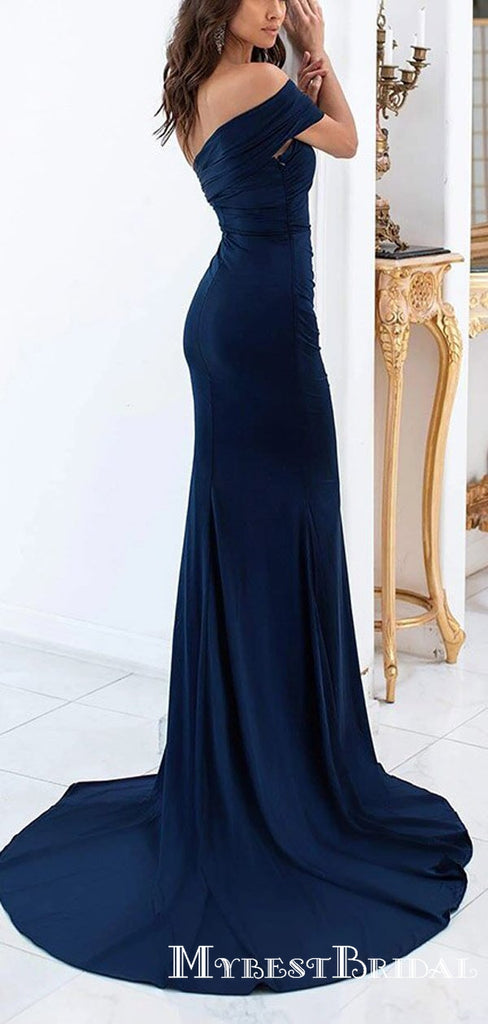 Charming Elegant One-Shoulder Sleeveless Navy Elastic Silk Long Cheap Mermaid Prom Dresses, PDS0011
