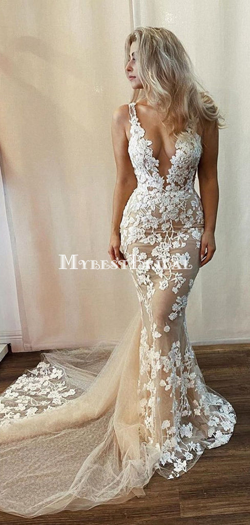 Sexy Deep V-neck Lace Appliqued Mermaid Long Cheap Wedding Dresses, WDS0048