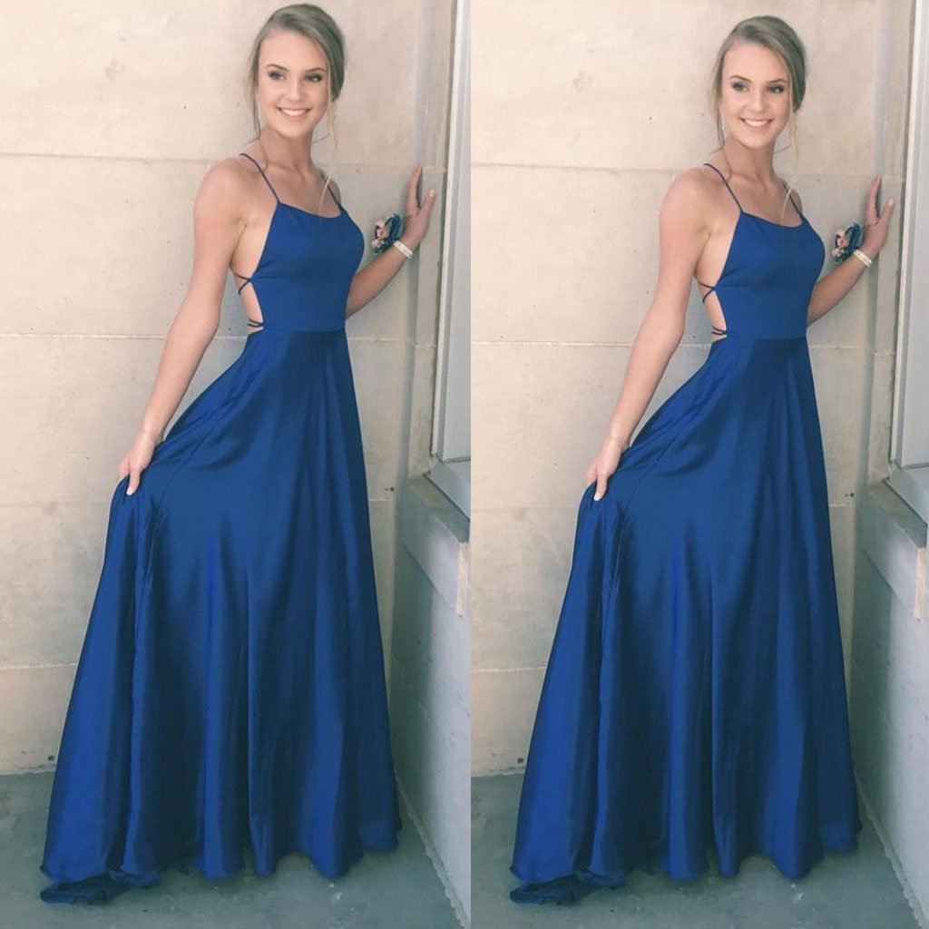 Simple Blue Strap Satin Long Floor Length Formal Gowns ,Sexy Party Cocktail Dress ,PDY0309