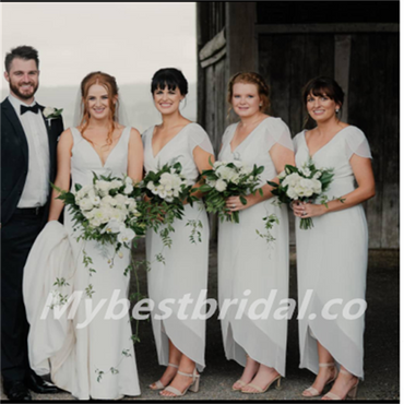 V-neck cap sleeves  Elegant Simple Pretty Long Bridesmaid Dresses,BDS0211