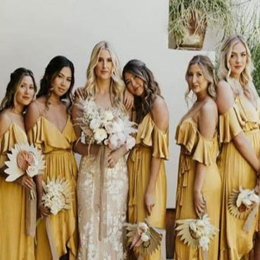 Spaghetti straps V-neck Ruffle A-line Elegant Simple Long Bridesmaid Dresses,BDS0196