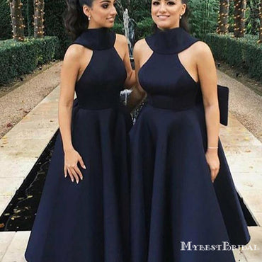 Lovely Satin High Neck A-line Long Bridesmaid Dresses With Bow, TYP0037