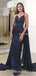 Spaghetti Strap V-neck Navy Blue Satin Mermiad Long Cheap Formal Evening Prom Dresses, PDS0059