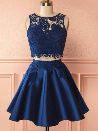 Sexy Two Pieces Navy Blue Illusion Lace Cheap Short Homecoming Dresses 2018, BDY0340