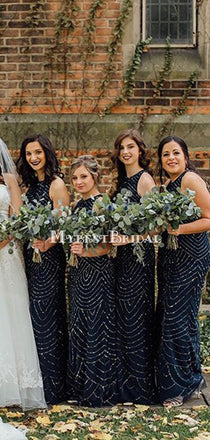 Navy Round Neck Beaded Mermaid Long Cheap Bridesmaid Dresses, BDS0098