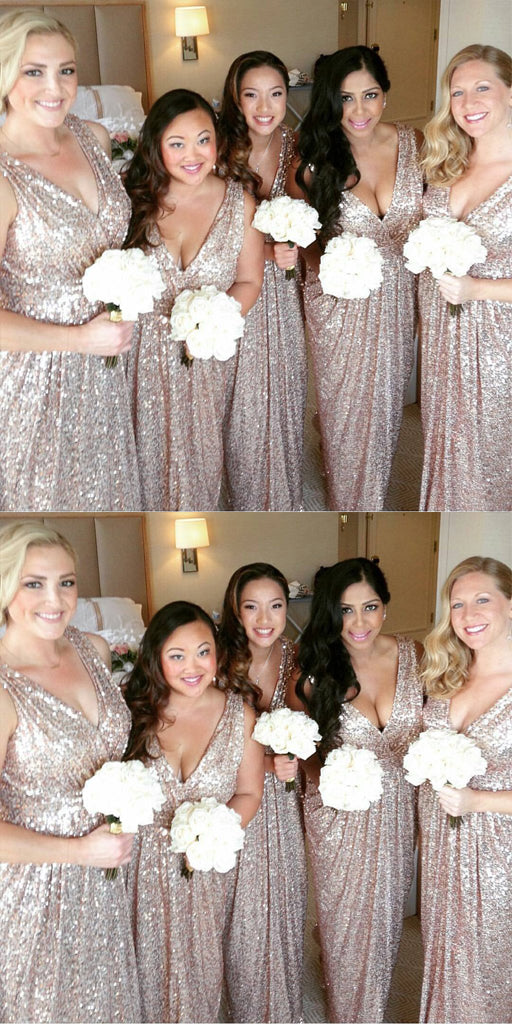 Shinning Sequined V-Neck Long Bridesmaid Dresses,Cheap Bridesmaid Dresses,WGY0355