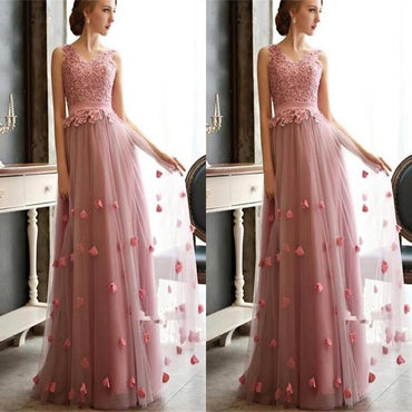 Pretty Long Hot Pink V-neck Tulle With Appliques Prom Dresses,WGY0142